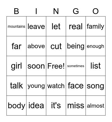 Sight word bingo Card
