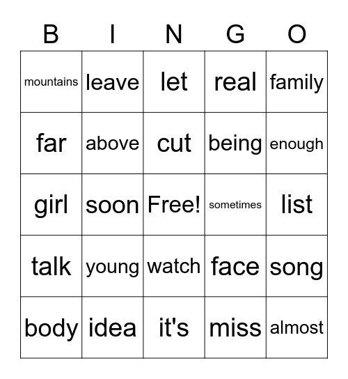 Sight word bingo Card