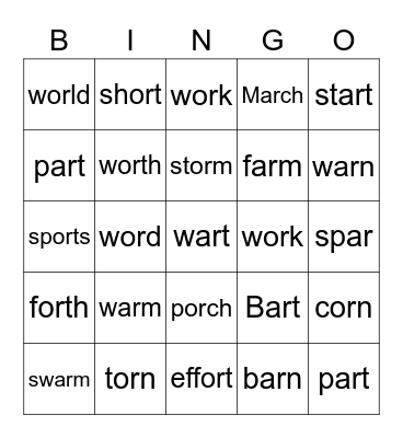 "Bossy R" (ar, or, w+ar, w+or) Bingo Card