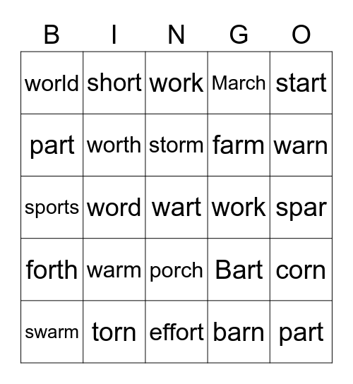 "Bossy R" (ar, or, w+ar, w+or) Bingo Card