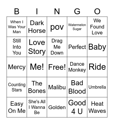 Pop Hits Bingo Card