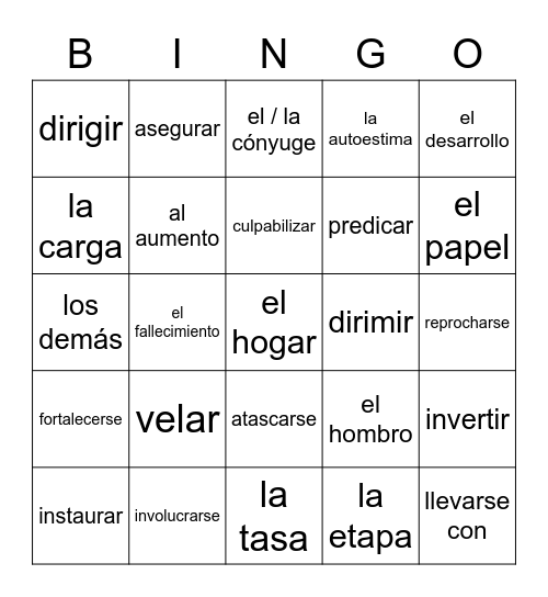 Spanish 5 - la familia vocabulary Bingo Card