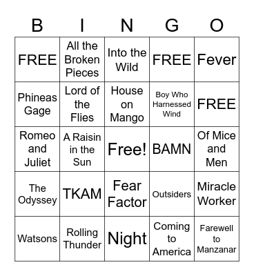 School Books Bingo Card