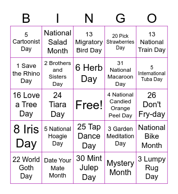 May Holidays Bingo Card