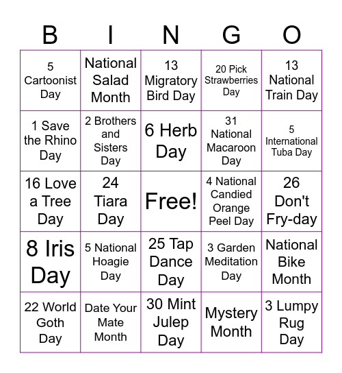 May Holidays Bingo Card