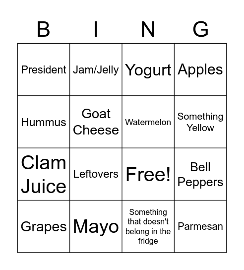 MTV Crib Fridge Edition Bingo Card