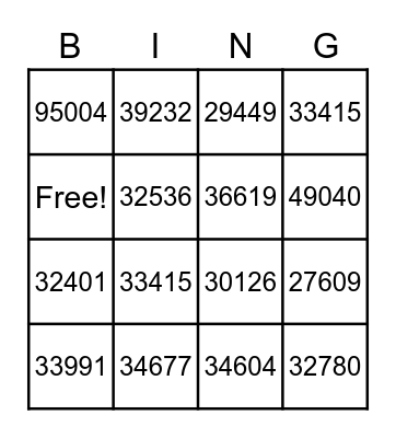 Zip Code BINGO Card