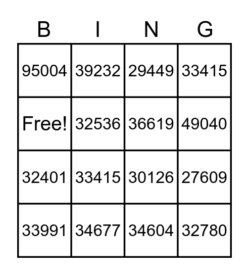 Zip Code BINGO Card