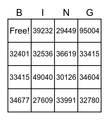 Zip Code BINGO Card