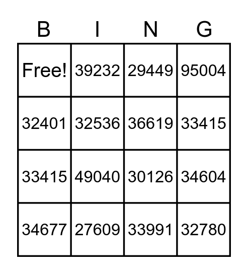 Zip Code BINGO Card