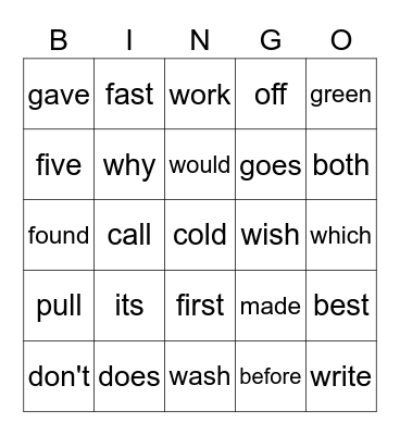 Second Grade Sight Words 1 Bingo Card