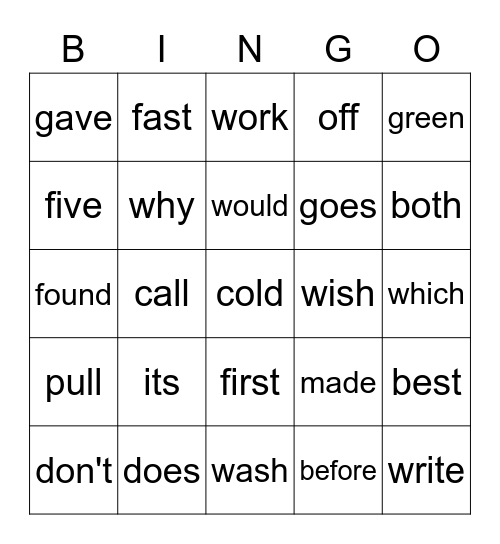 Second Grade Sight Words 1 Bingo Card