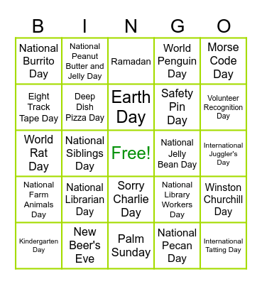 April Holidays Bingo Card