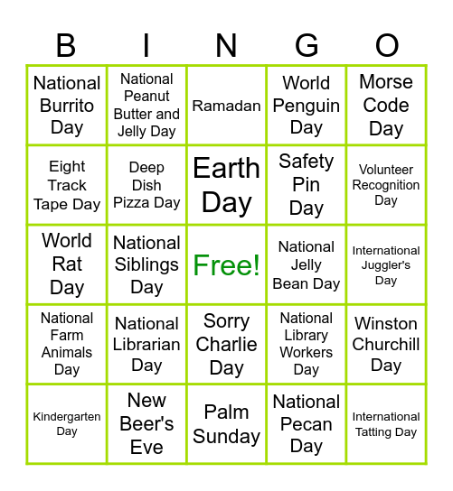 April Holidays Bingo Card