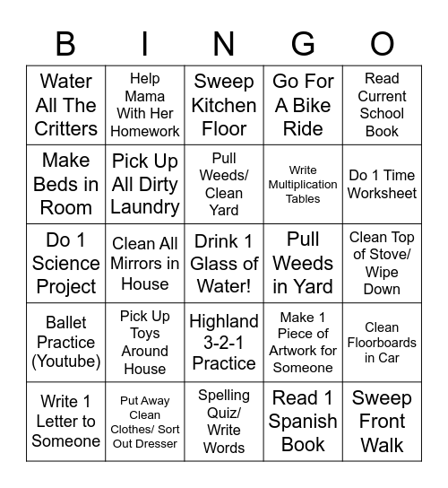 Chores Bingo Card