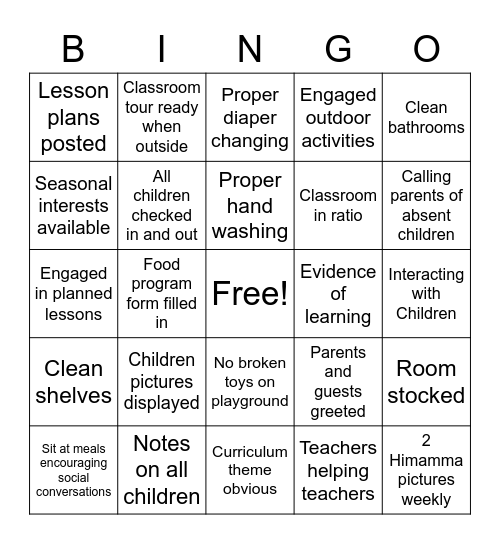 Child Care Bingo Card