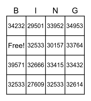 Zip Code BINGO Card