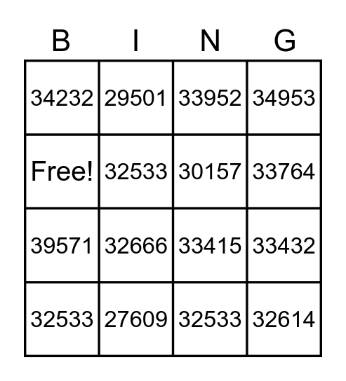 Zip Code BINGO Card