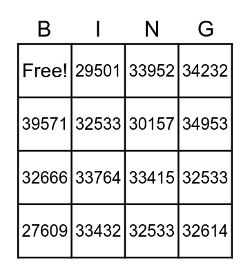 Zip Code BINGO Card