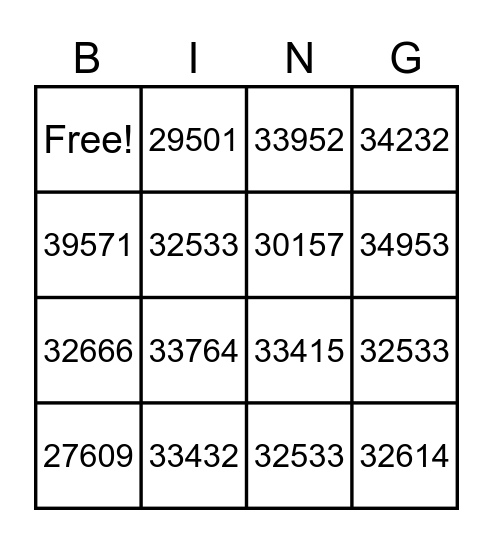 Zip Code BINGO Card