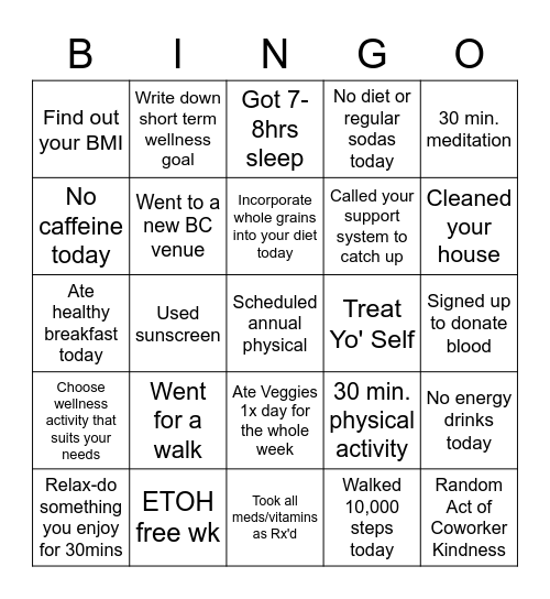 Wellness Bingo-Week 4 Overall Health & Wellness Bingo Card