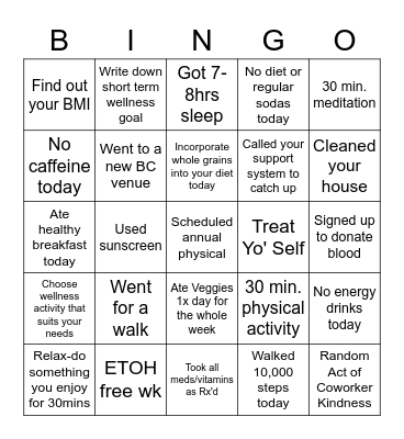 Wellness Bingo-Week 4 Overall Health & Wellness Bingo Card