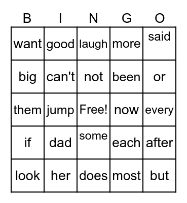 Sight Words Bingo Card