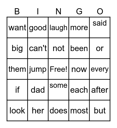 Sight Words Bingo Card