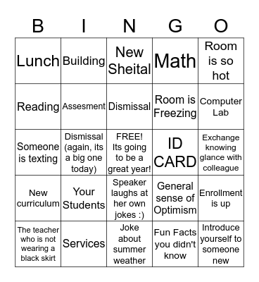 First Faculty Meeting of the Year  Bingo Card