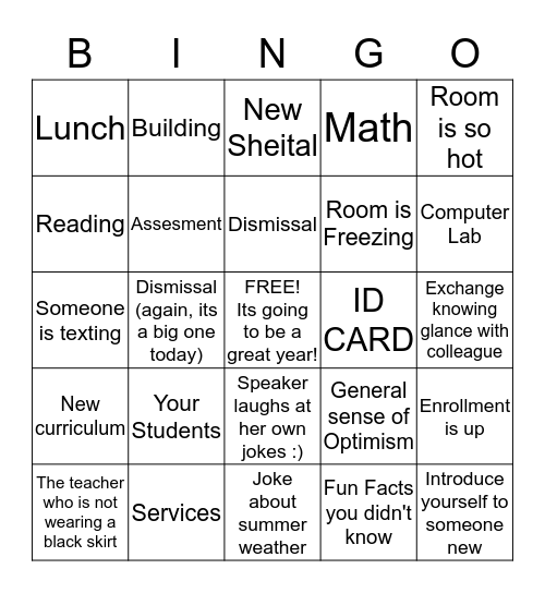 First Faculty Meeting of the Year  Bingo Card