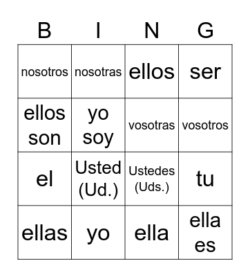 Spanish subject pronouns Bingo Card