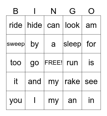 Sight Words Bingo Card