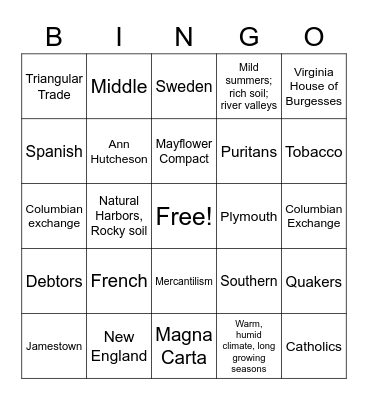 Colonization Bingo Card