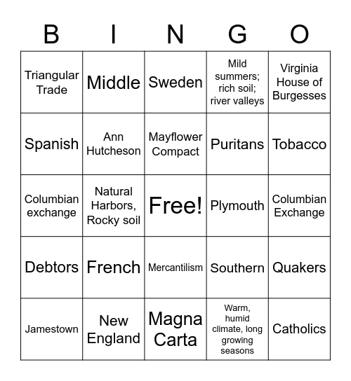 Colonization Bingo Card