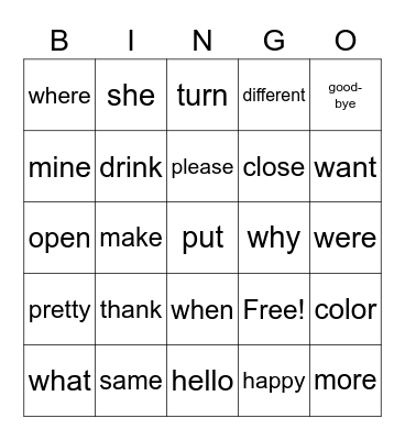 Sight Word Bingo Card