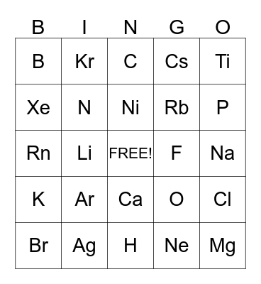 Periodic Table of the Elements Bingo Card