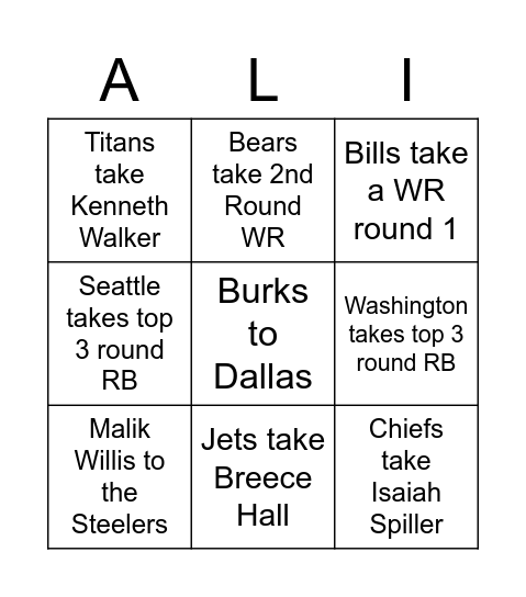 NFL Draft Bingo Card