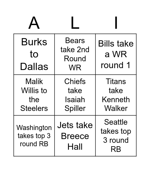 NFL Draft Bingo Card