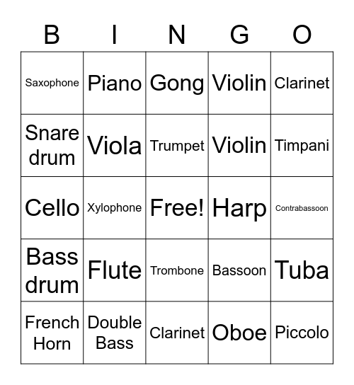 Musical Instruments Bingo Card