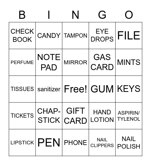 WHAT'S IN YOUR PURSE Bingo Card
