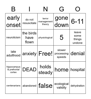 Later In the Lifespan Bingo Card
