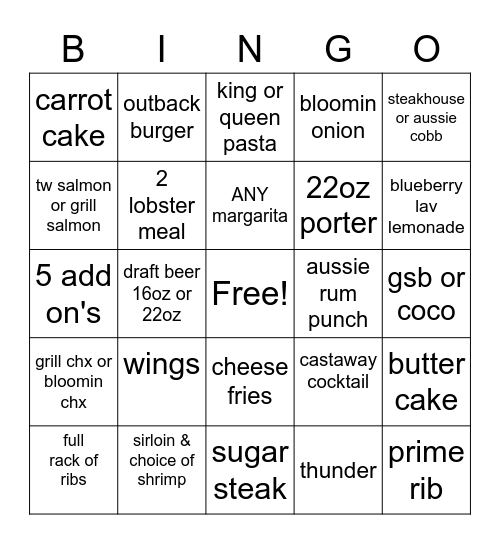 Outback Bingo Card