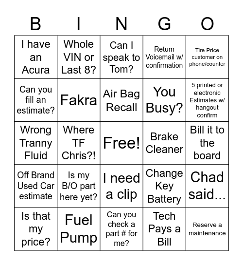 In - Can you check a part # for me? / Out - Pop N Lock Bingo Card