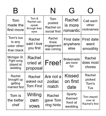 Tom & Rachel's Love Story Bingo Card
