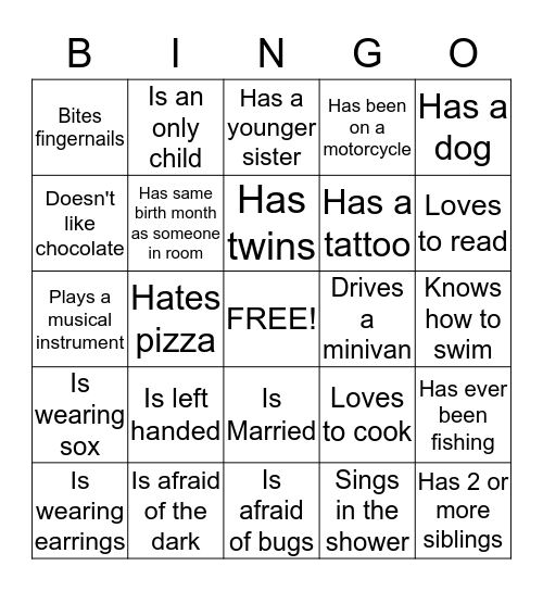 Getting to Know you Bingo Card