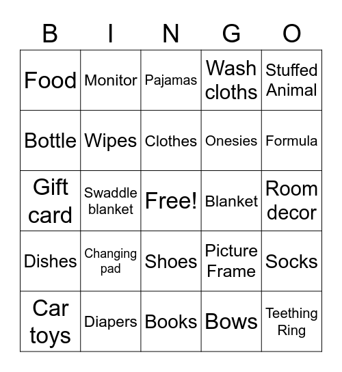 Baby Shower Gift Bingo Card