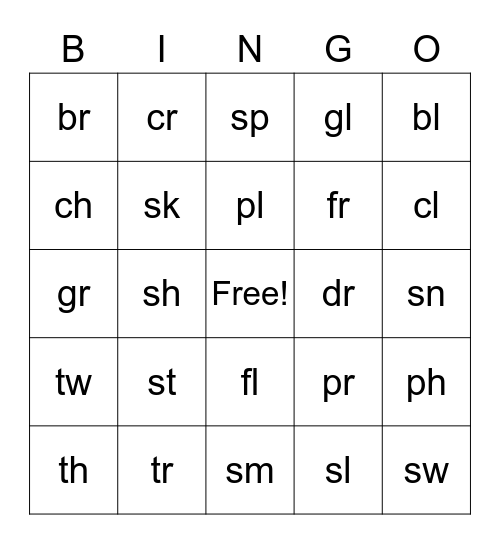 Beginning Blends Bingo Card