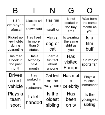 "Get To Know You" Bingo Card