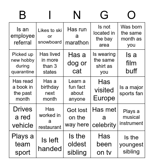 "Get To Know You" Bingo Card