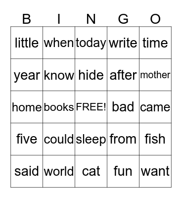 Sight Word Bingo Card